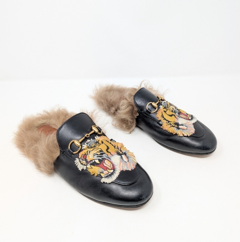 Gucci Princetown Tiger Black Leather Size 37 Horse Bit Mules Loafers